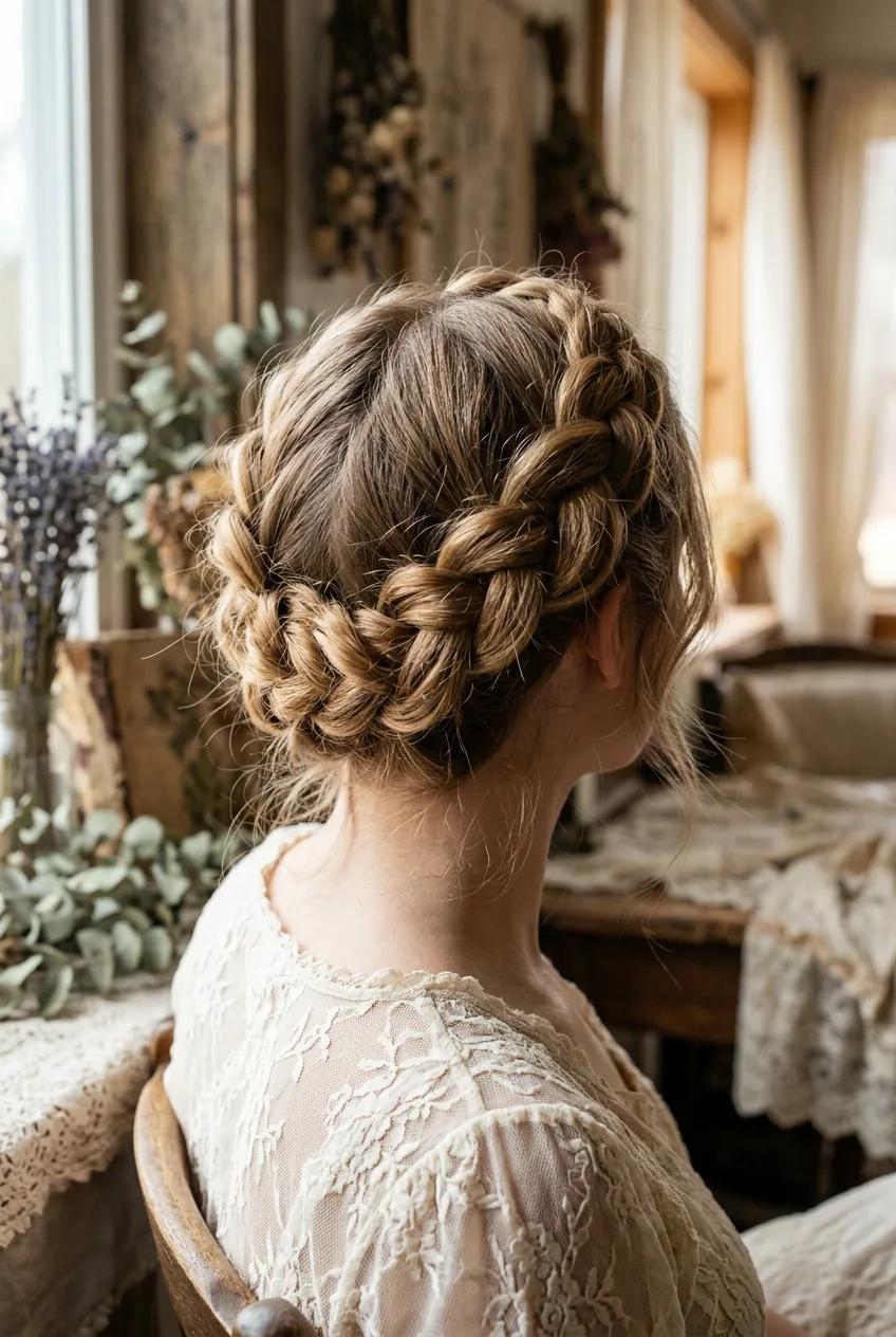 Loose milkmaid braids wrapped around head showing chunky texture and romantic movement