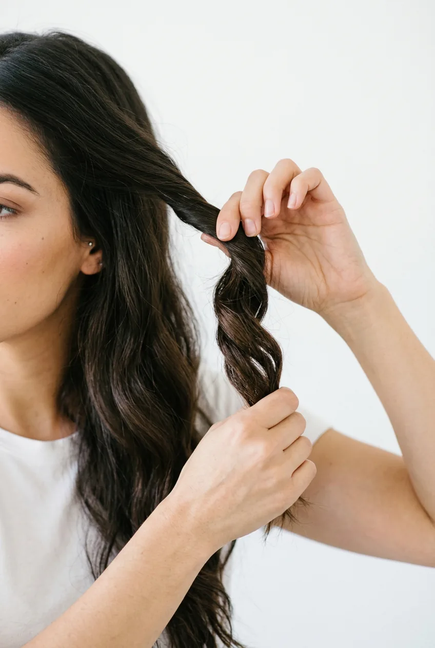 Hands demonstrating loose twisting technique on thick hair section away from face