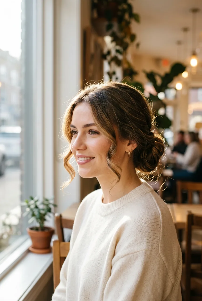 Woman with elegant low bun and soft face-framing curls in natural cafe lighting