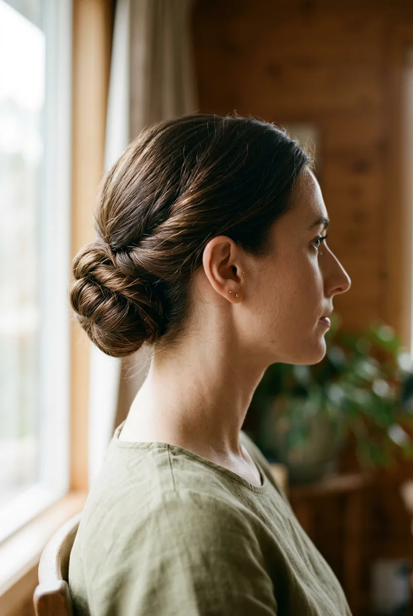Side profile of woman with elegant low bun at nape of neck wearing stud earrings