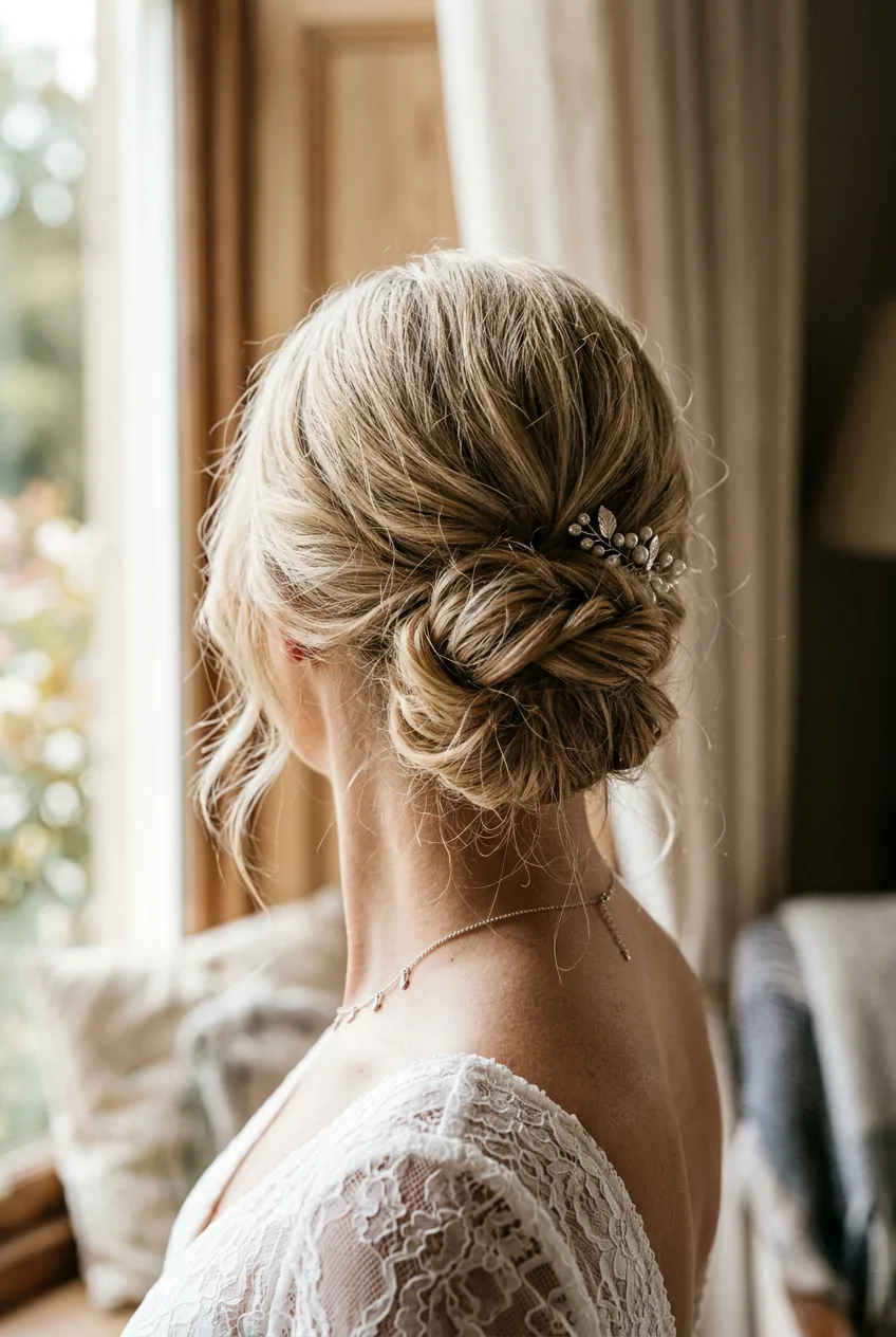 Low bun hairstyle at nape of neck with loose texture and wispy blonde pieces