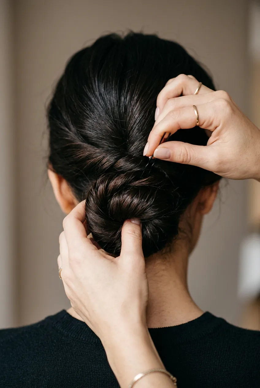 Hands styling low bun showing twisting motion and pin placement technique in close-up