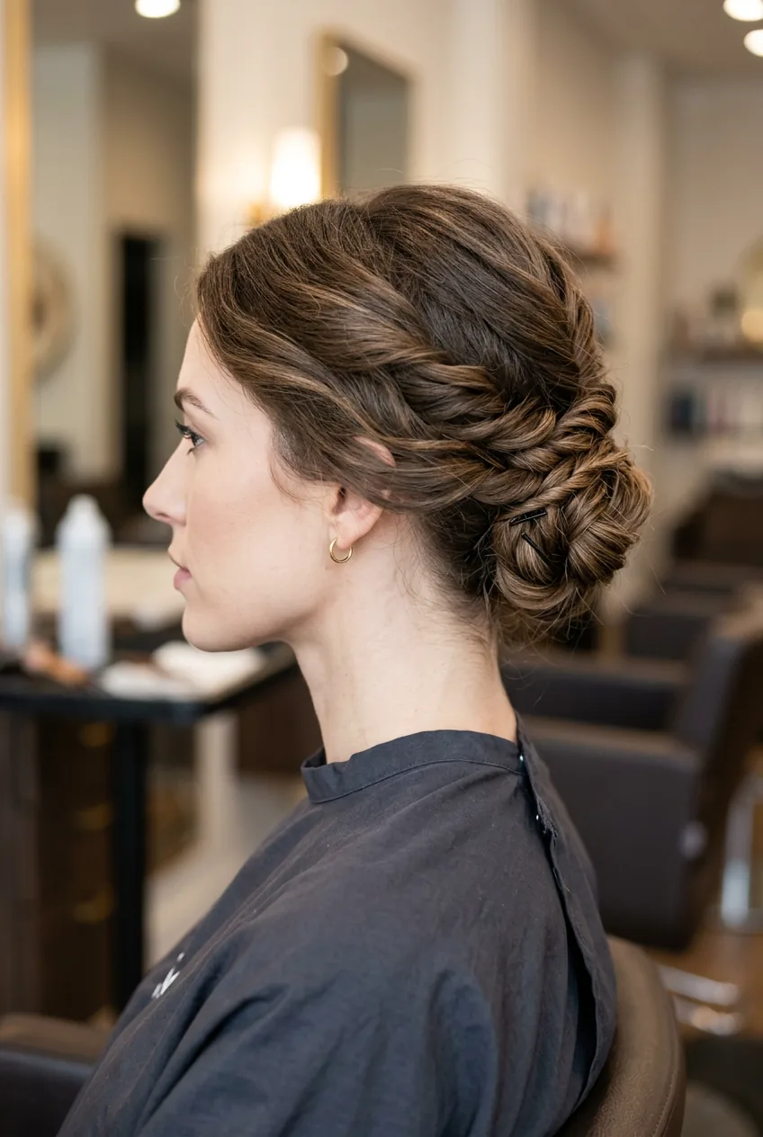 Profile view of low twisted chignon showing textured hair and foundation ponytail underneath