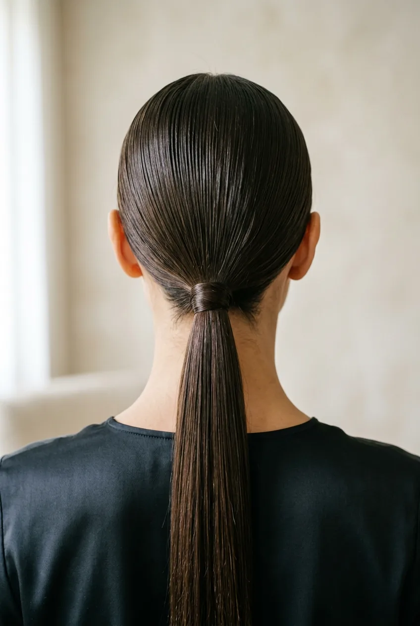 Elegant low ponytail positioned at nape with ultra-smooth hair surface and sophisticated finish
