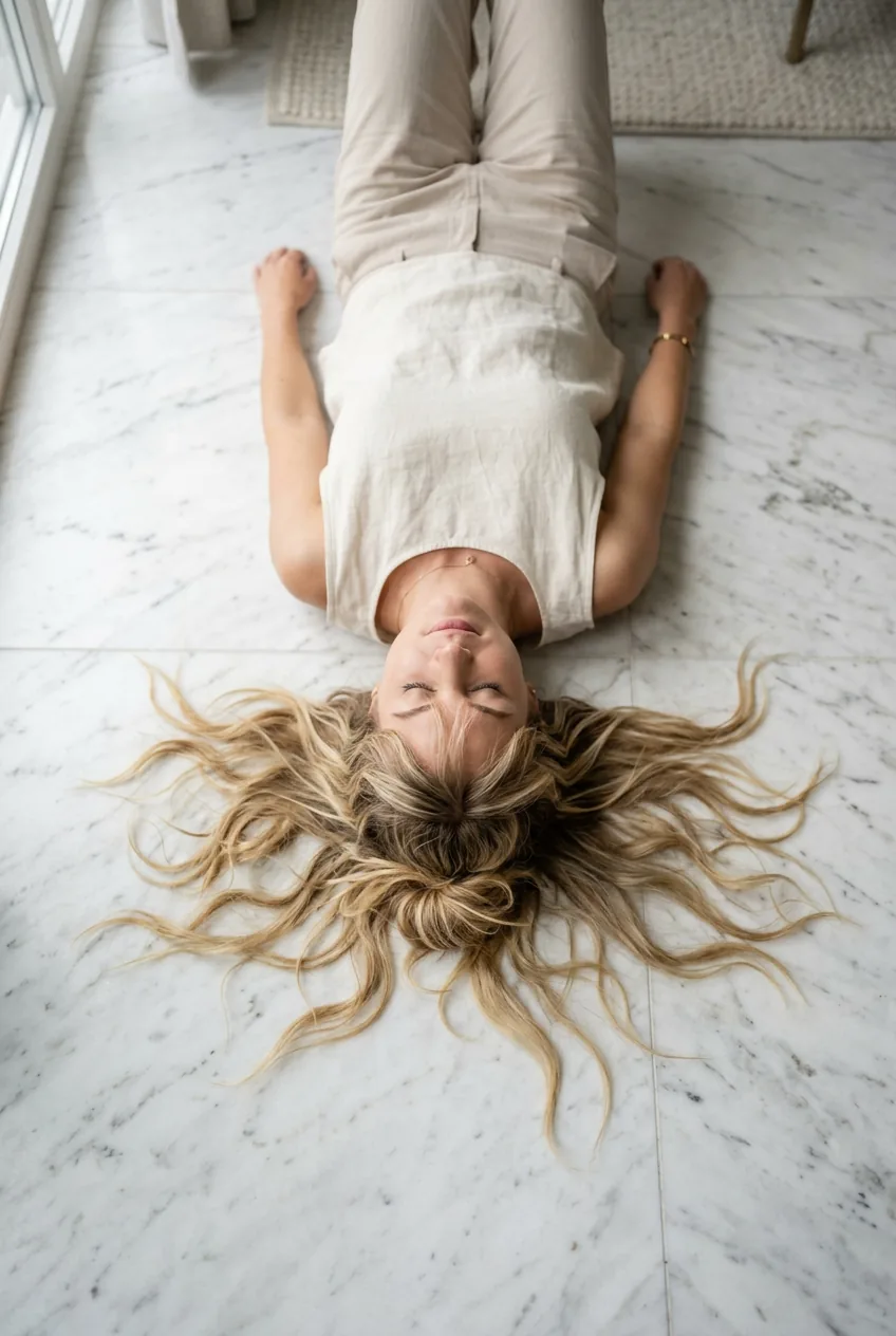 Blonde long hair styled in loose messy bun with face-framing pieces from bird's eye view