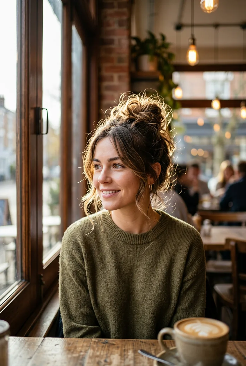 Woman with effortless messy bun and face-framing loose pieces in cafe setting