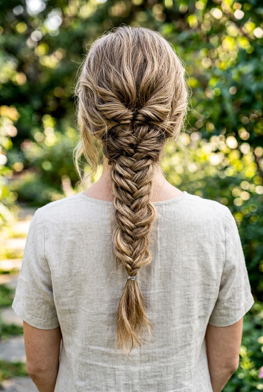 Messy fishtail braid with deliberately loosened sections and textured undone finish