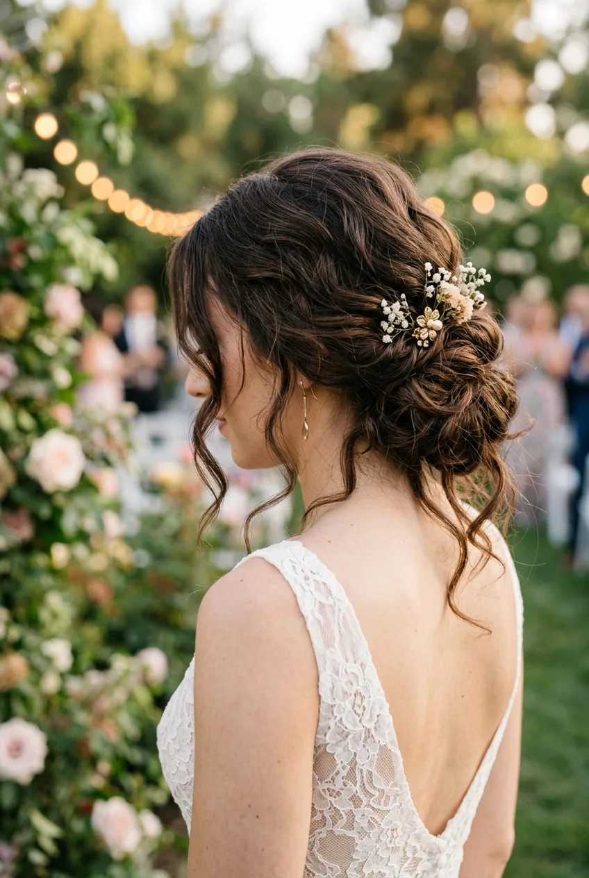 Messy low chignon with face-framing pieces and romantic outdoor lighting