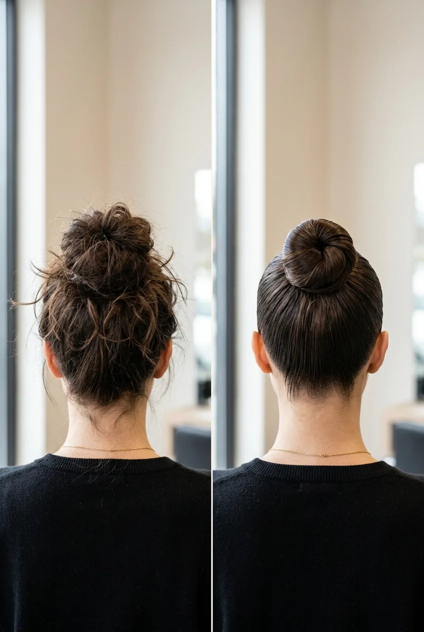 Before and after split showing transformation from messy to sleek high bun on same woman