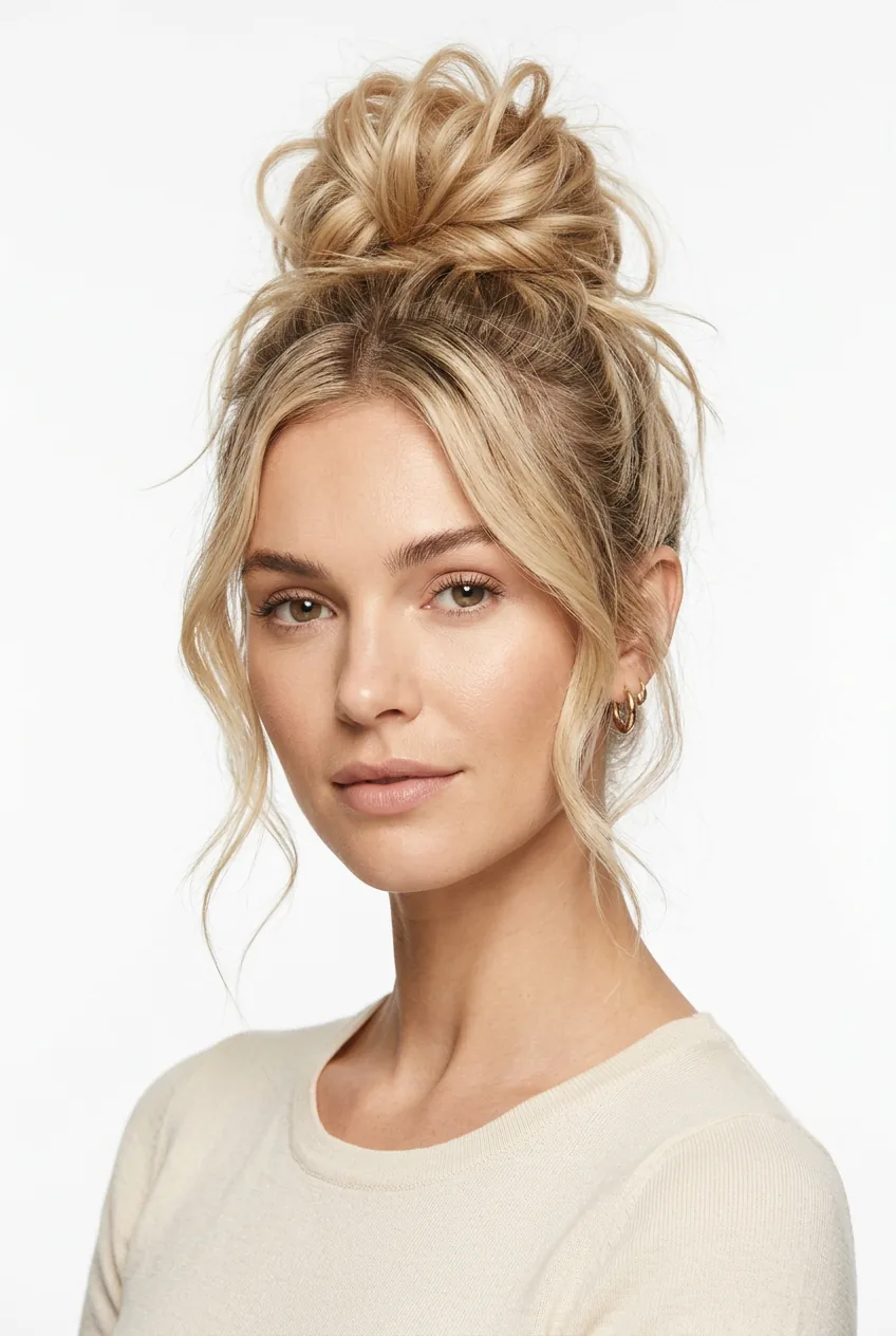 Blonde woman with messy top knot bun and loose face-framing pieces on high crown
