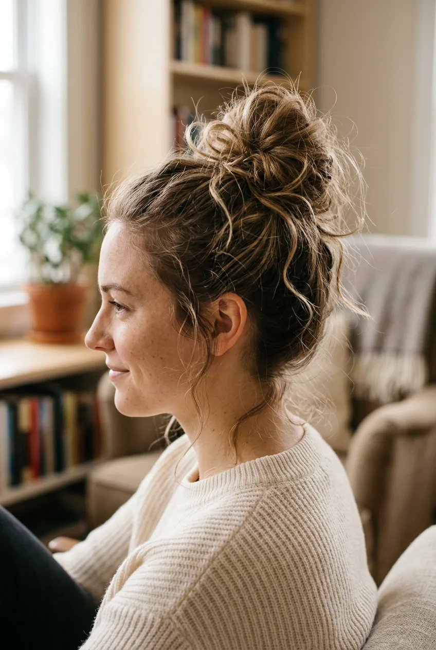 Casual messy top knot with deliberately loose pieces for relaxed weekend styling