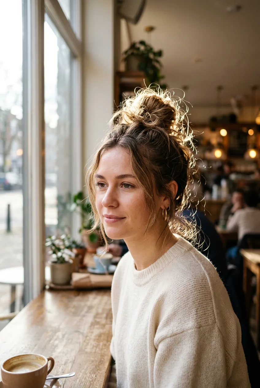 Woman with casual messy top knot and wispy pieces in soft window lighting