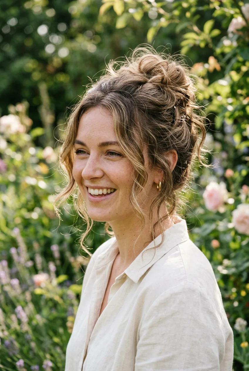 Woman wearing messy undone updo with loose pieces falling naturally around face