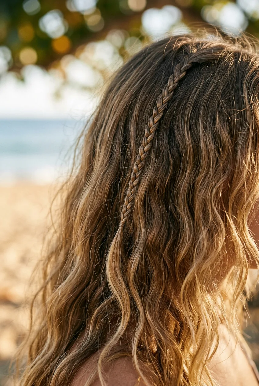 Single micro braid accent delicately woven through loose beach waves in natural sunlight