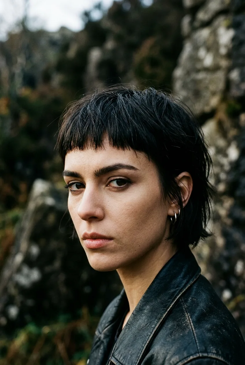 Close-up of woman with micro fringe bangs cut very short above eyebrows