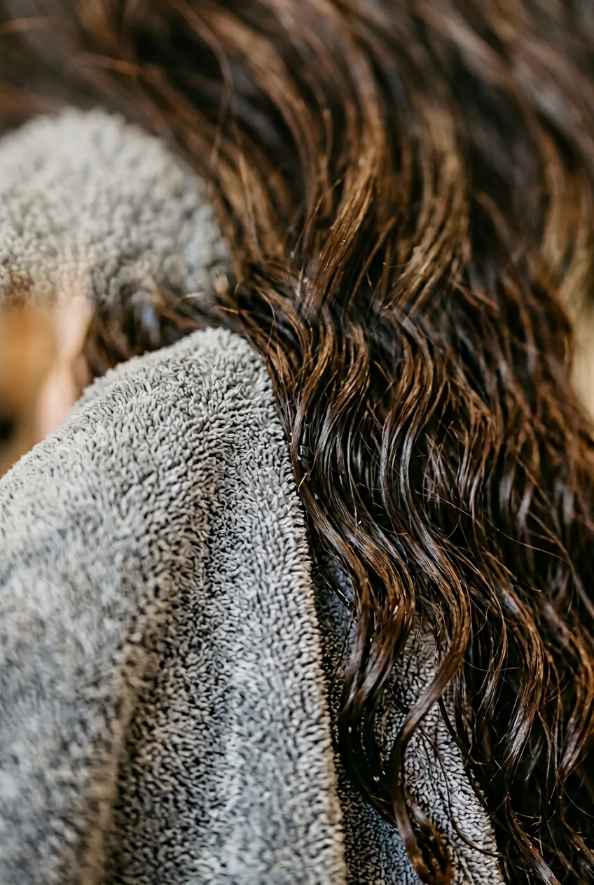 Microfiber towel gently pressed against wavy hair showing water absorption without disturbing curl pattern