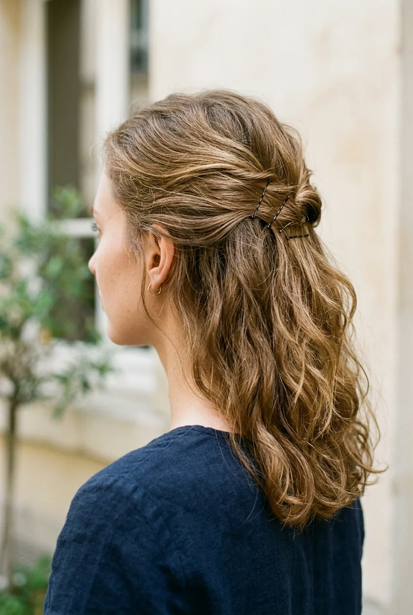 Three-quarter angle view of minimal pin-back style showing strategic bobby pin placement