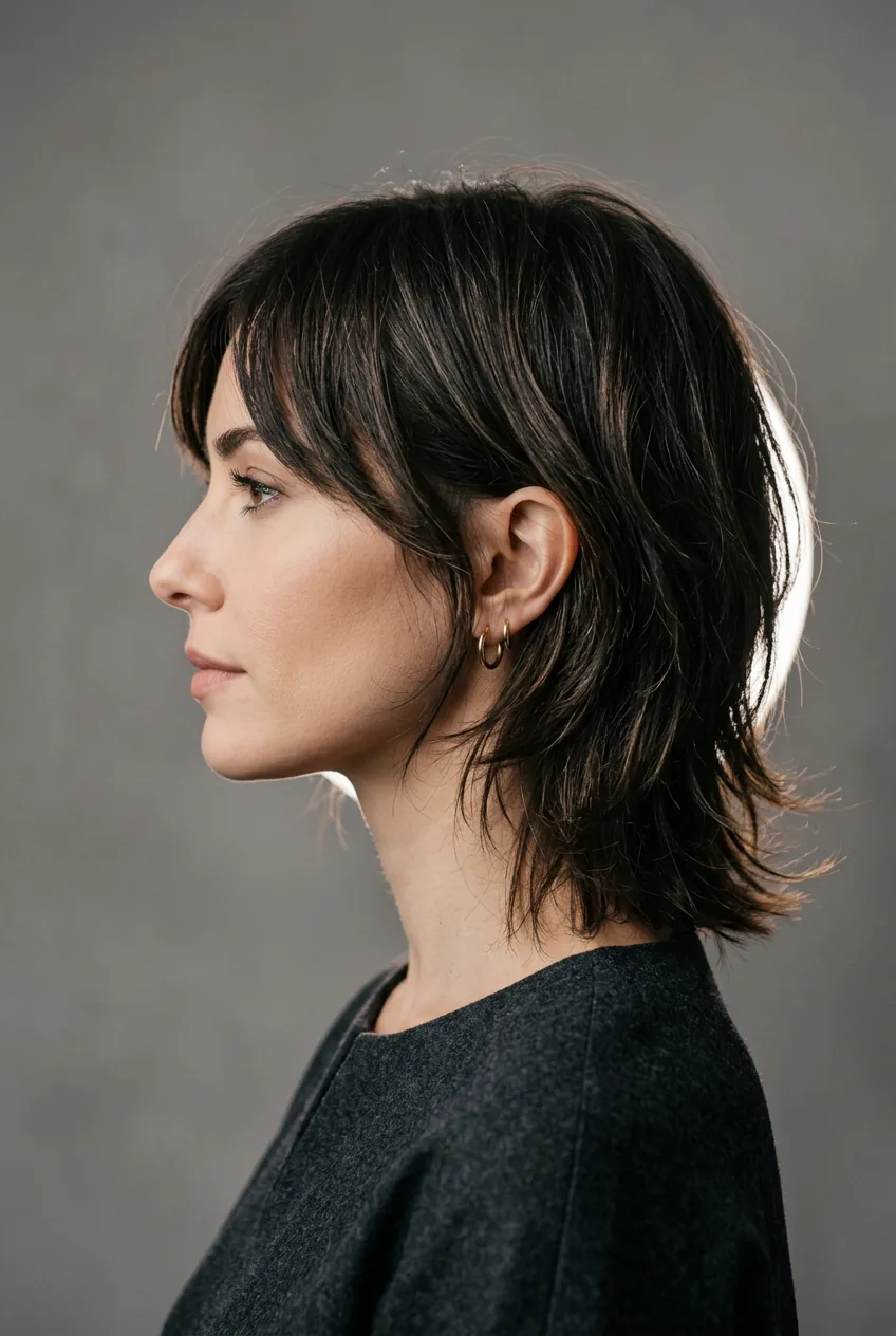 Woman with minimal textured shag cut showing soft layered movement without drama