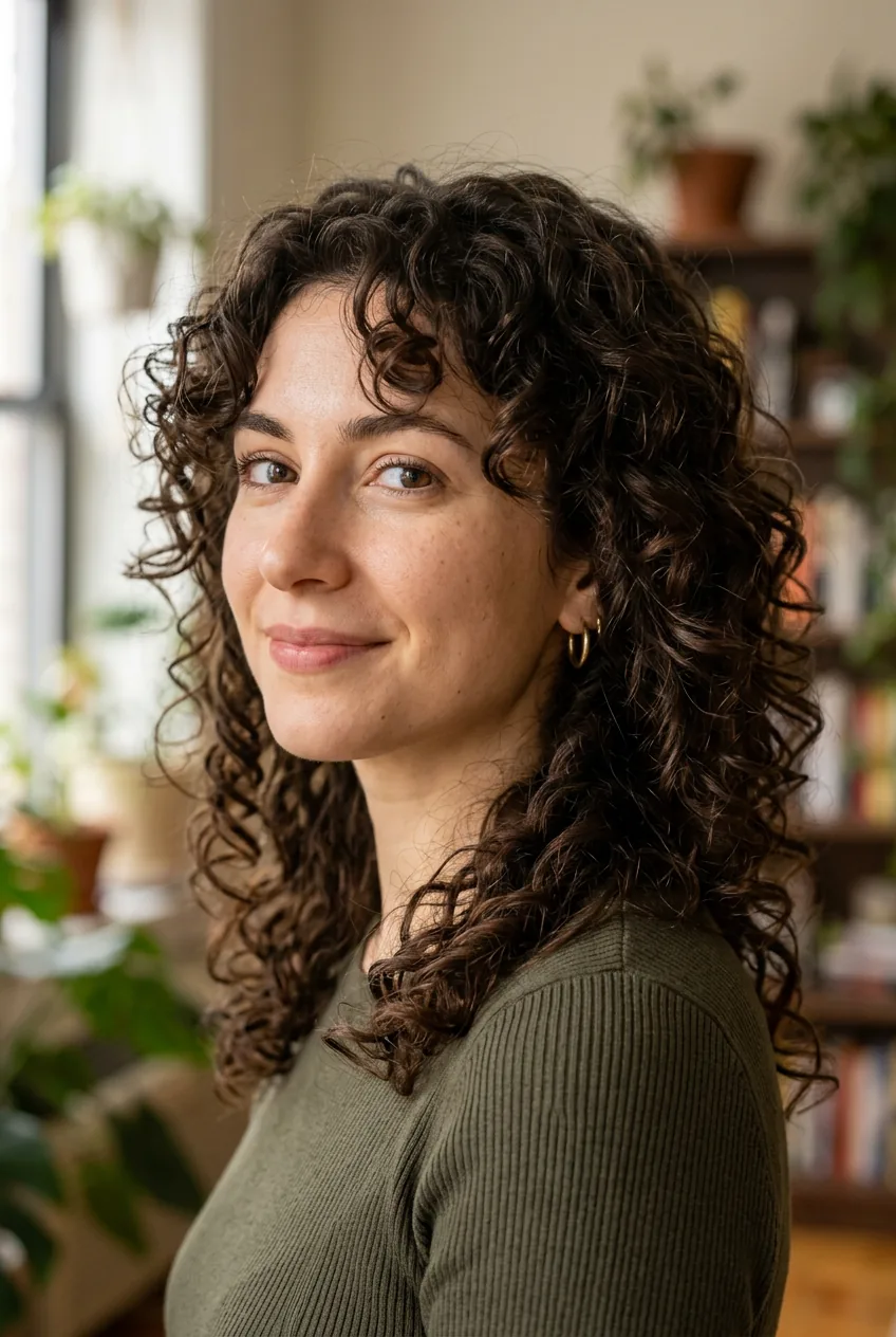 Woman with fine curly hair in modern shag cut with face-framing layers and natural texture