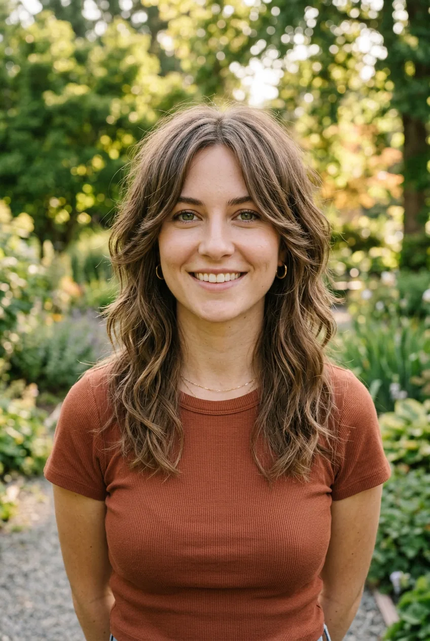 Woman with modern shag haircut showing layered texture and face-framing pieces