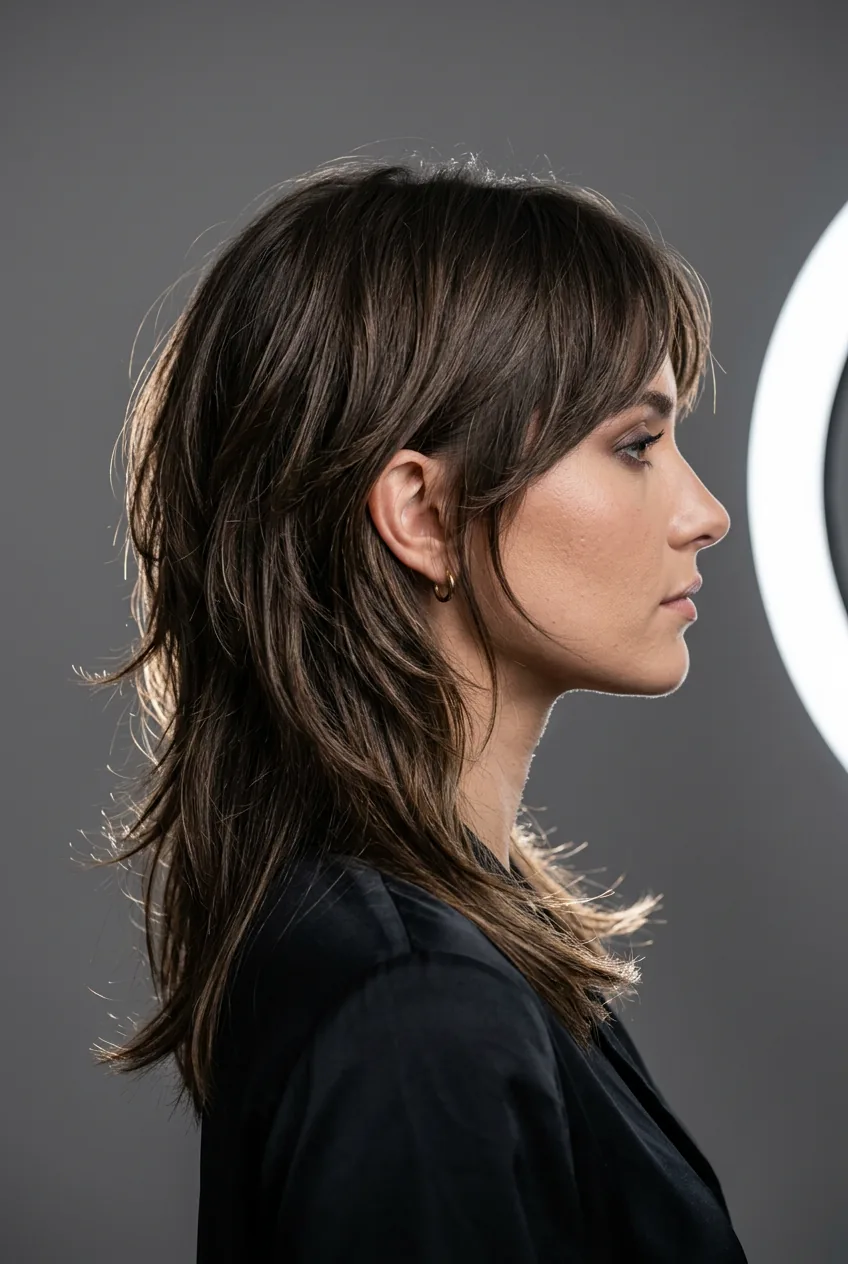 Woman with modern shag showing razored ends and flowing layered texture in side profile view