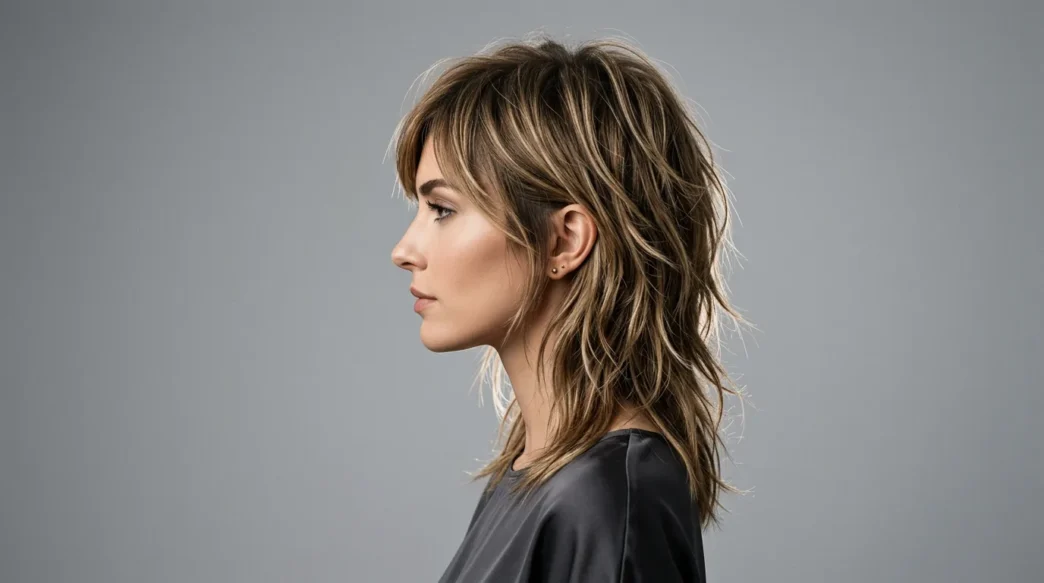 Woman with modern shaggy layered haircut showing natural textured movement in profile view