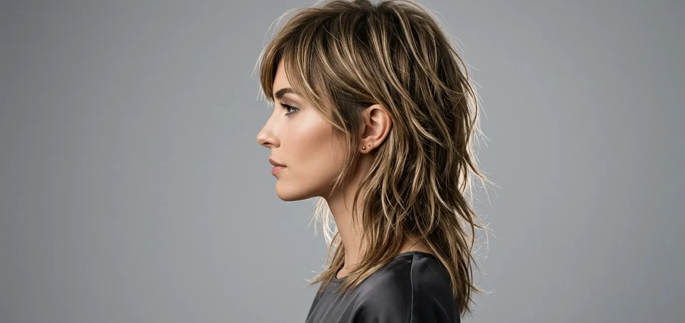 Woman with modern shaggy layered haircut showing natural textured movement in profile view
