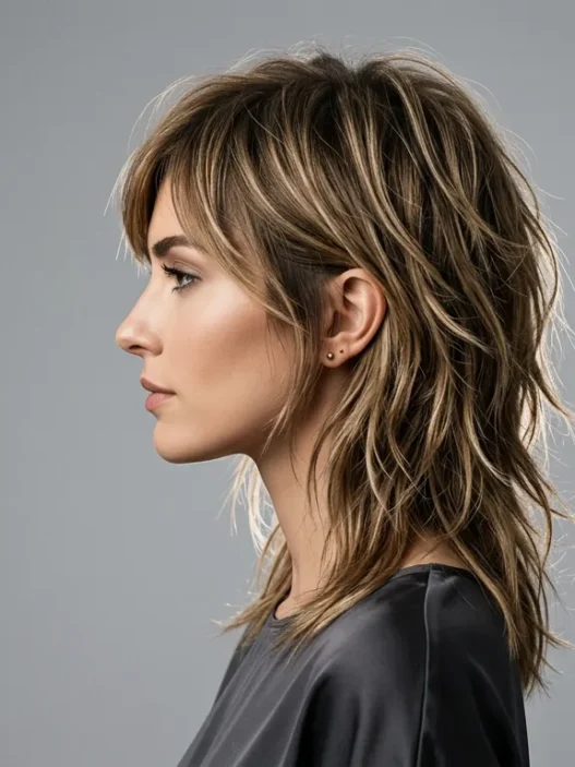 Woman with modern shaggy layered haircut showing natural textured movement in profile view