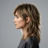 Woman with modern shaggy layered haircut showing natural textured movement in profile view