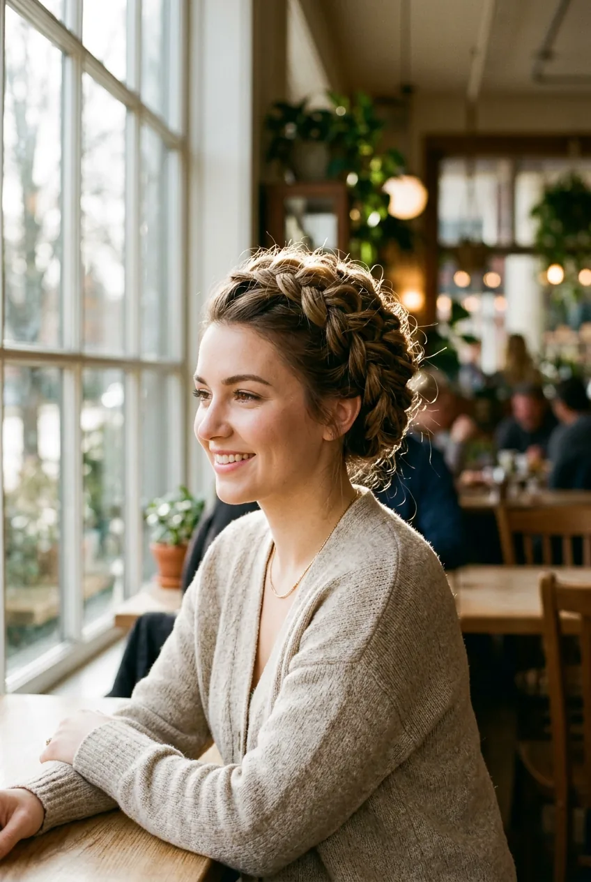 Woman with complex multi-strand braided updo showing interwoven braid sections