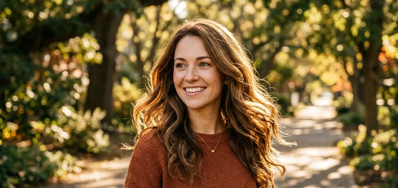 Woman with natural textured ponytail in golden morning sunlight showing hair movement