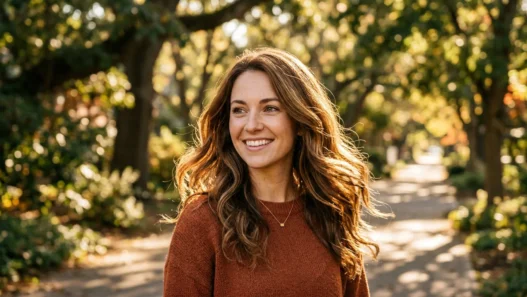 Woman with natural textured ponytail in golden morning sunlight showing hair movement