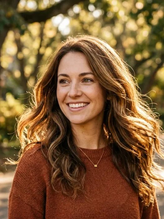 Woman with natural textured ponytail in golden morning sunlight showing hair movement