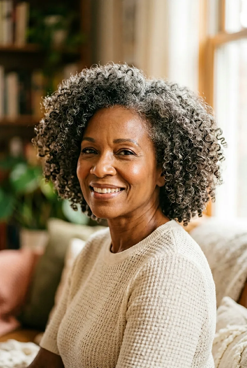Natural textured curly hair styled elegantly on confident mature woman