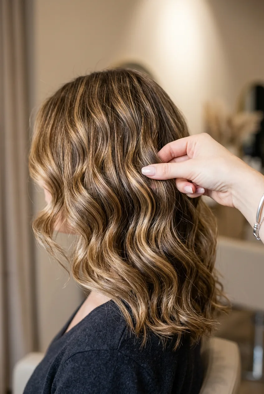 Close-up detail of natural wave texture showing professional styling and hair dimension