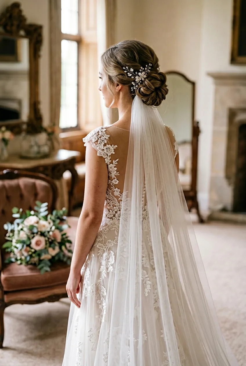 Off-center chignon positioned behind ear with single-layer veil in asymmetrical style