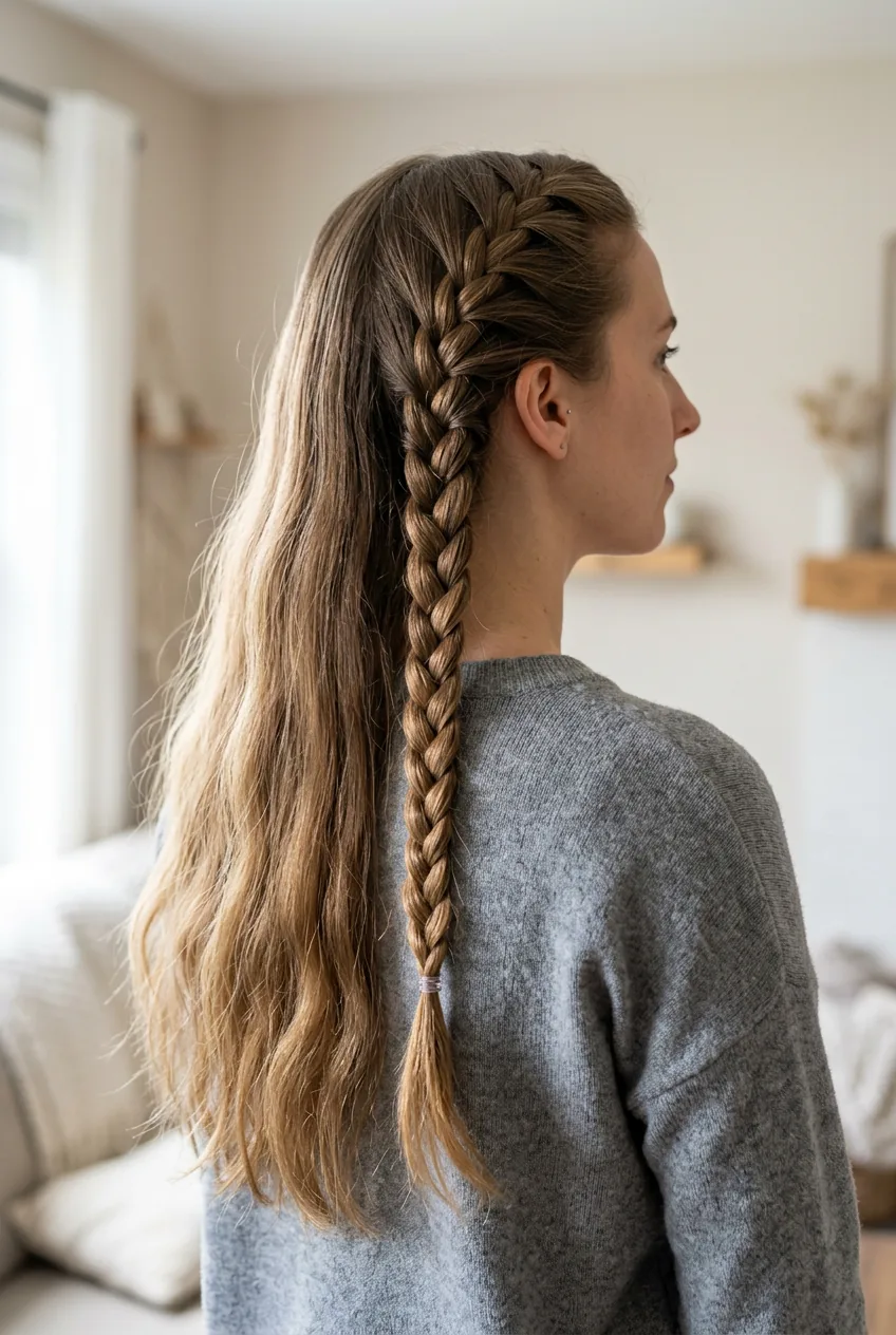 Back view showing one completed braid while second hair section remains loose and unbraided