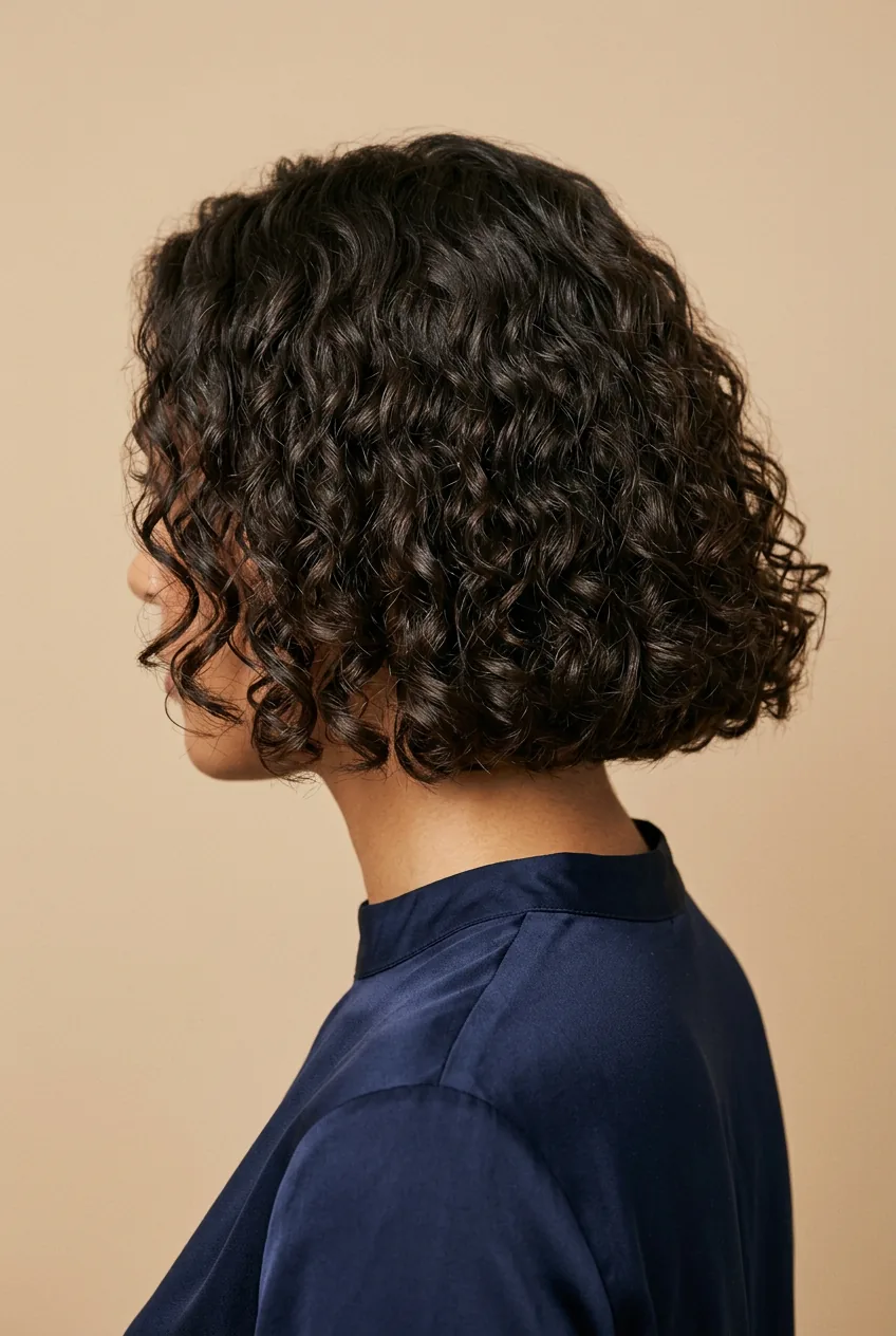 Woman with curly hair in one-length bob showing blunt edge and natural curl movement