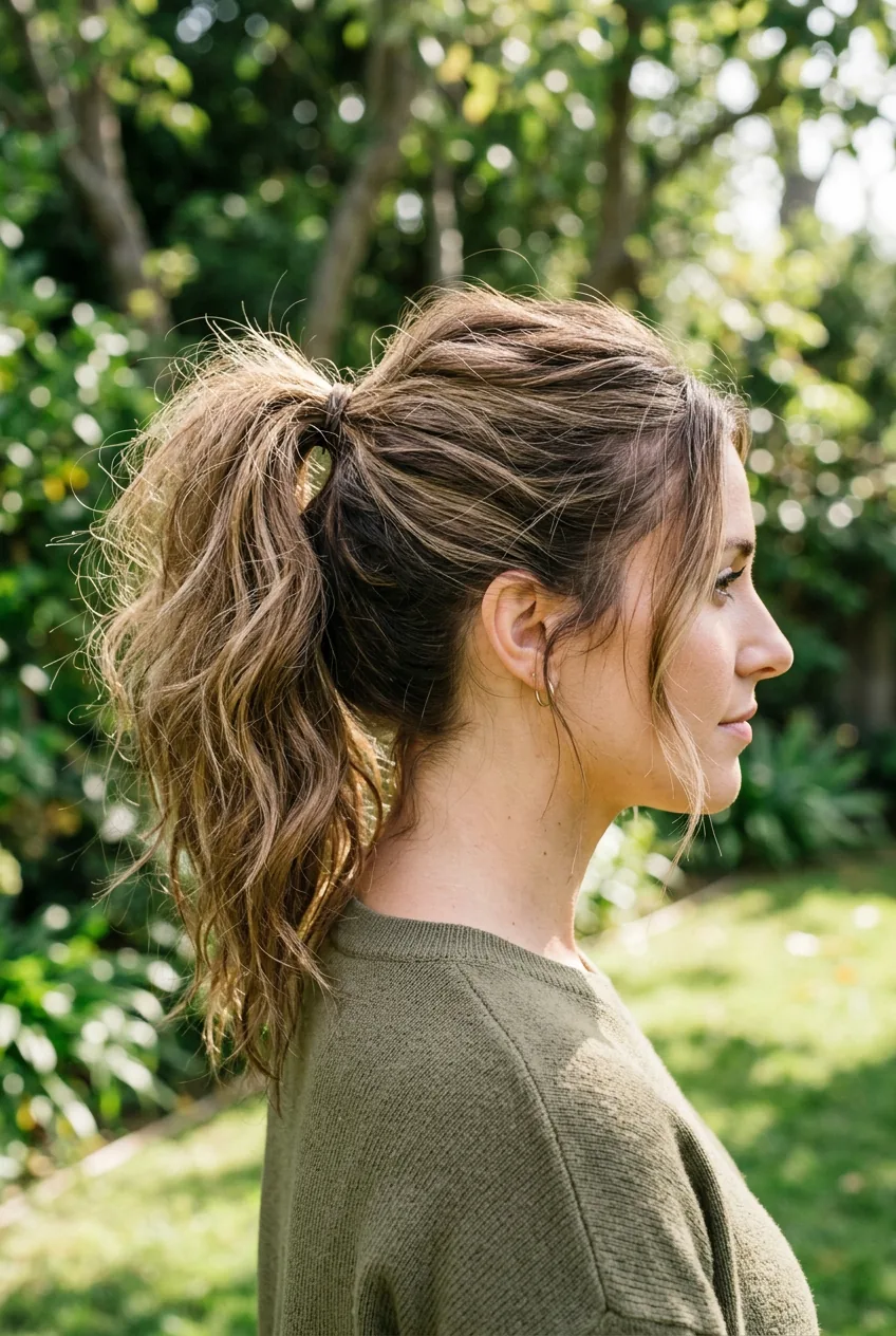 Side view of textured ponytail demonstrating pancake method with pulled sections