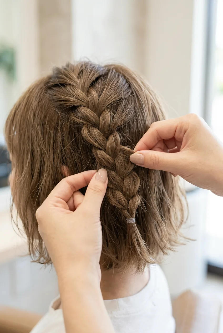 Fingers pancaking completed braid to add volume and texture to short bob