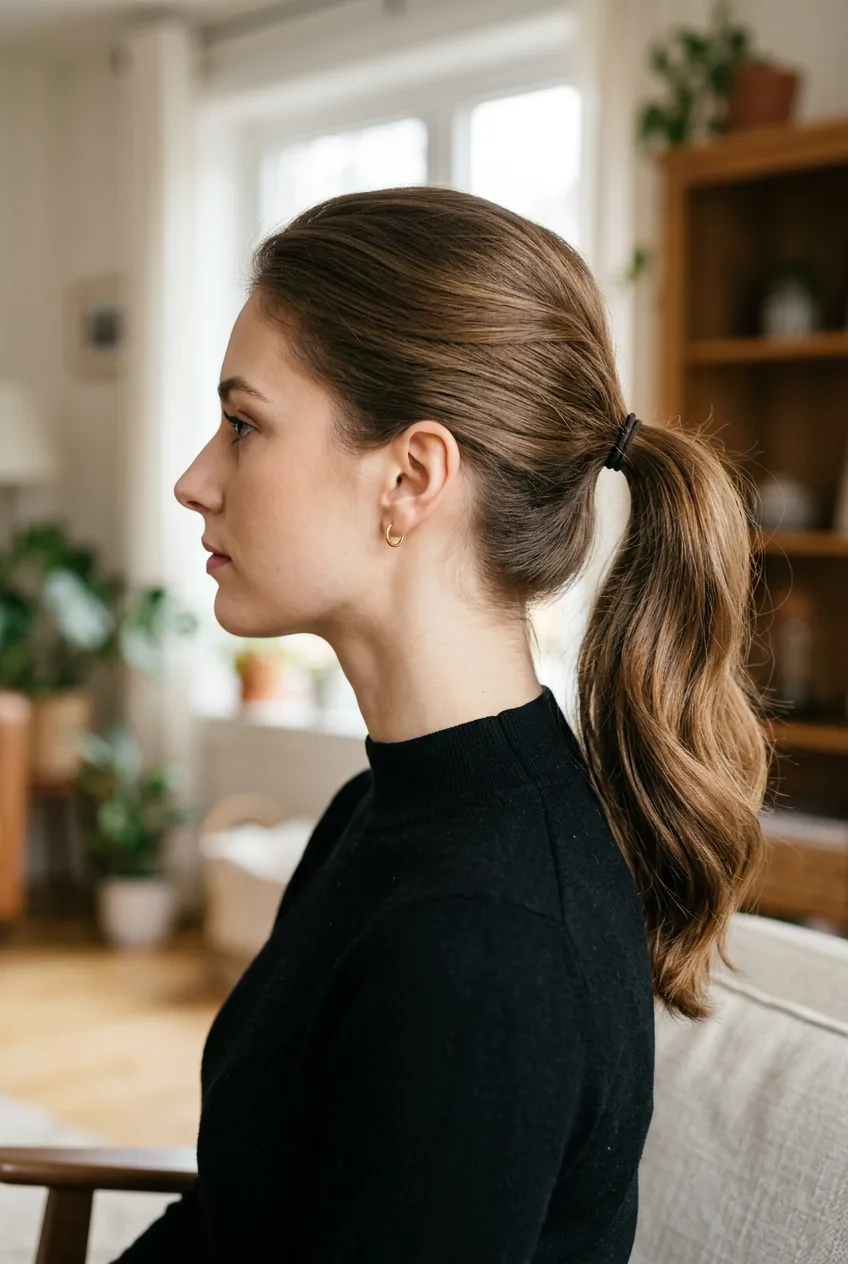 Side profile showing ponytail positioned at occipital bone with smooth volume and elegant neck curve