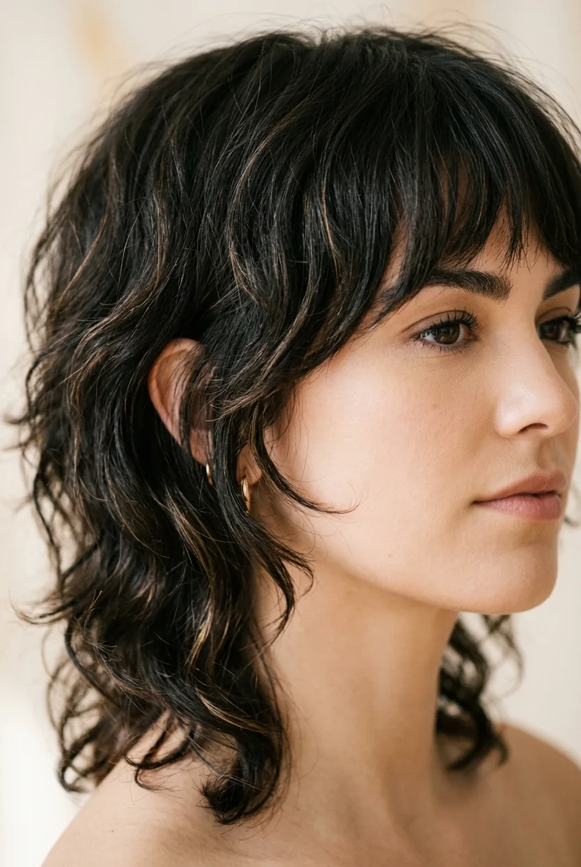 Final styled shag with bangs showing ultimate texture movement and confident styling result