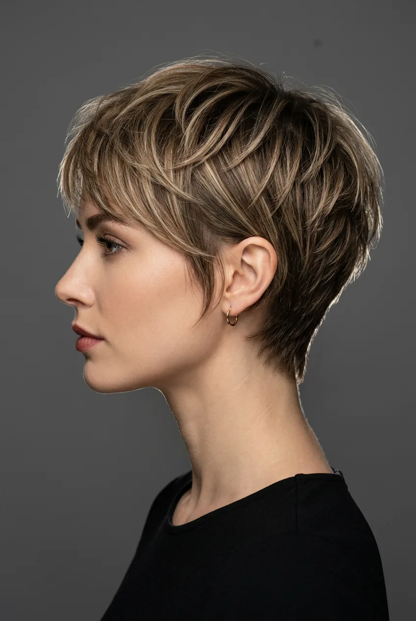 Woman with piecey pixie cut featuring textured layers and dimensional styling in side profile