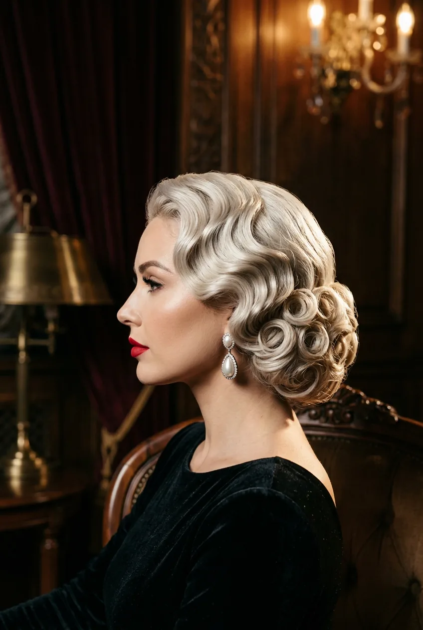 Vintage pin-curl chignon in platinum hair with perfect wave arrangement