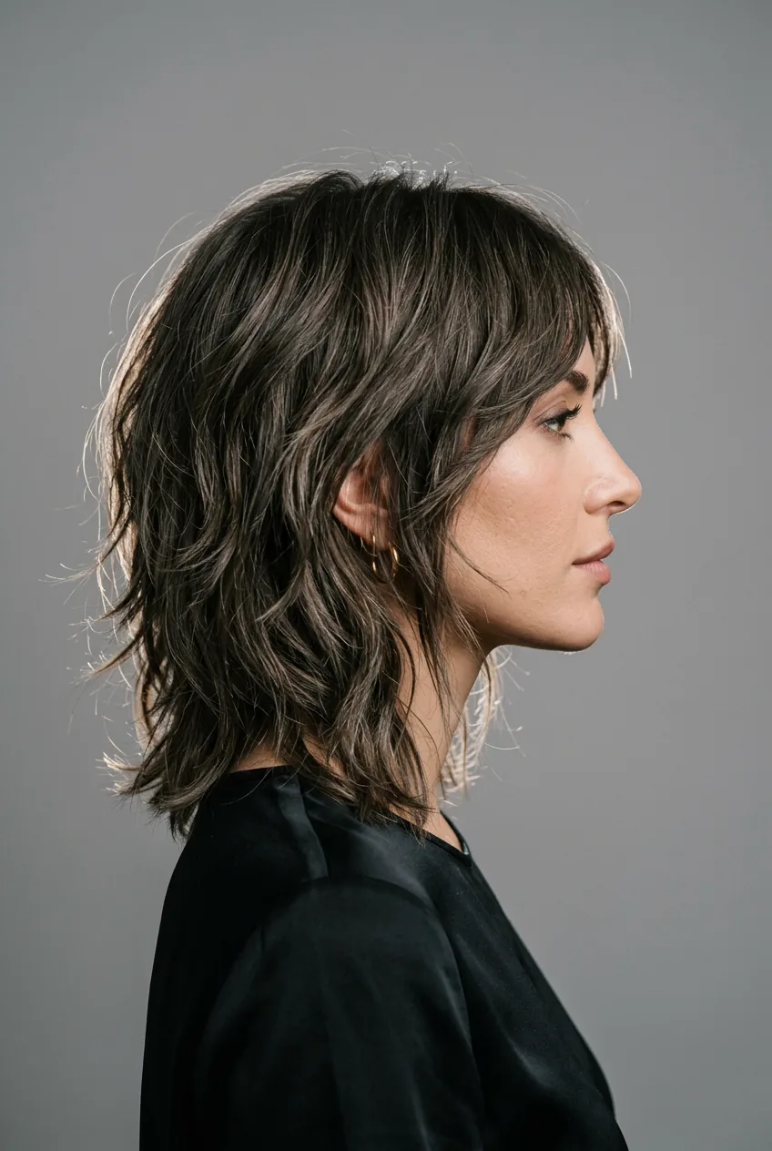 Woman with pin-straight layered bob featuring razor-sharp precision layers and ultra-sleek finish