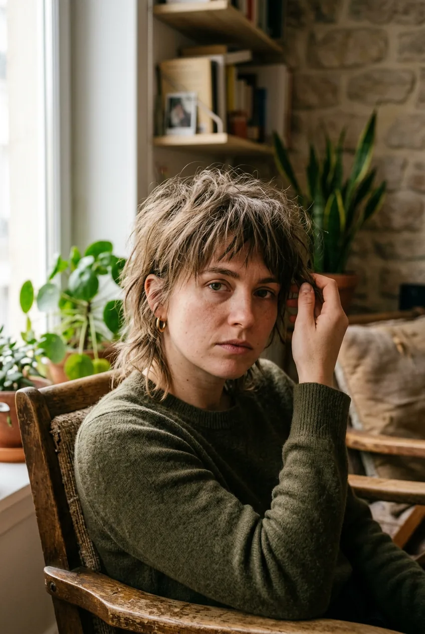 Woman showing awkward growing-out phase of pixie cut in natural lighting