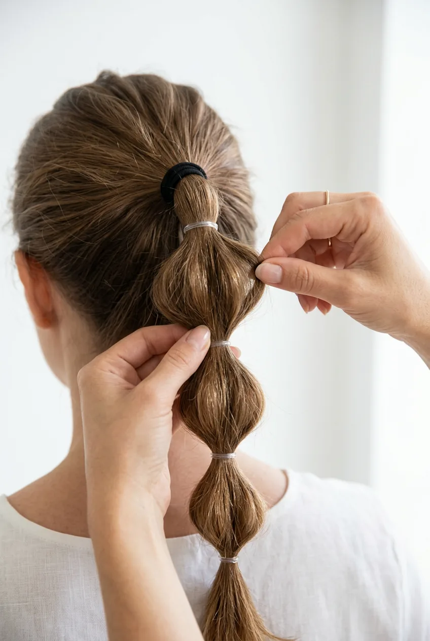 Hands positioning second elastic band two inches down from base ponytail