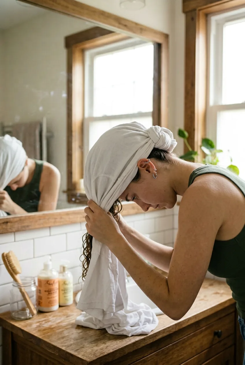 Cotton t-shirt being wrapped around wet wavy hair in plopping turban style