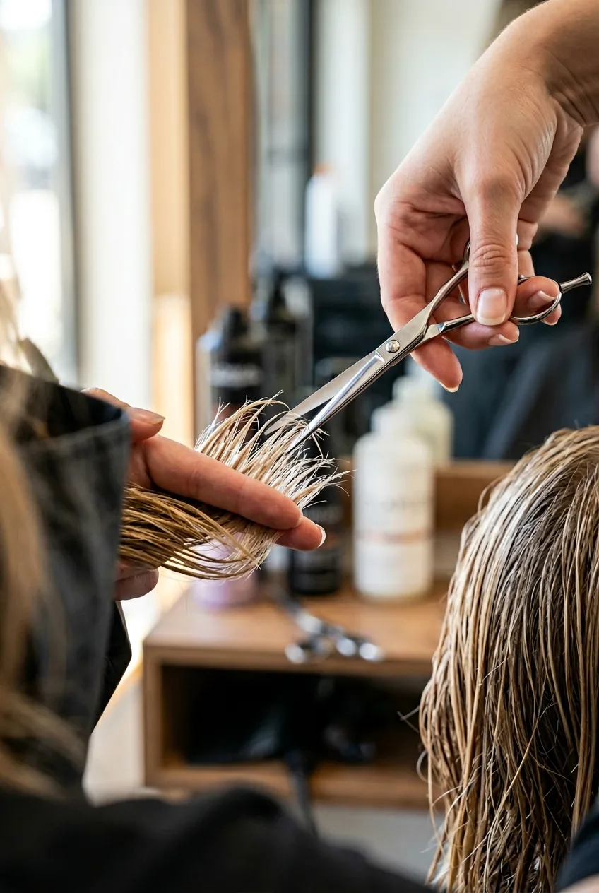 Point cutting technique demonstration showing scissors at 45-degree angle creating soft wispy texture