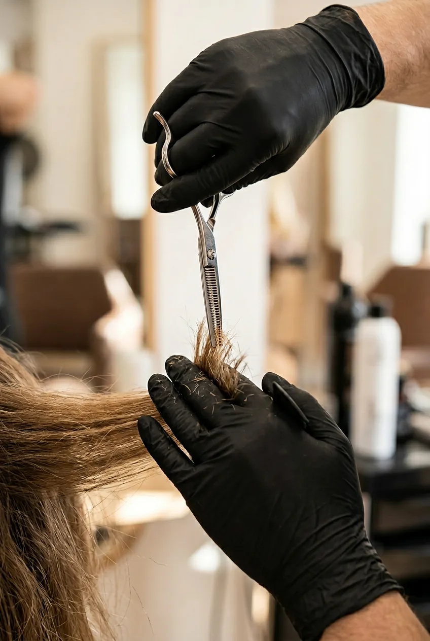 Scissors held vertically performing point cutting technique on hair ends creating feathered texture